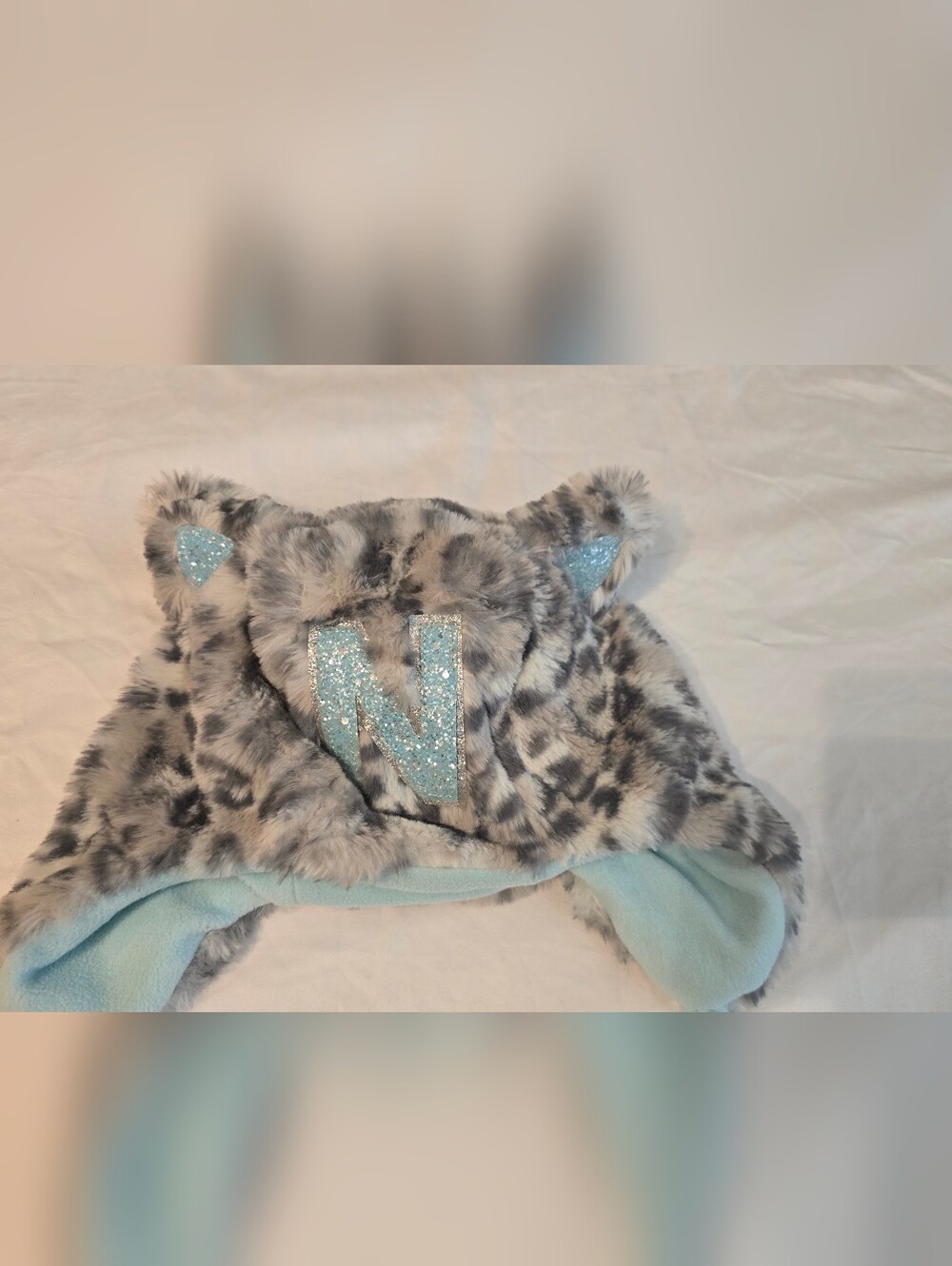 Justice Gray Leopard Faux Fur Earflap Hat with Light Blue Glitter Accents